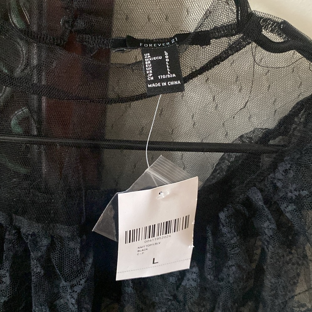 Black Sheer Mesh Lace Trim Top NWT - Picture 7 of 7